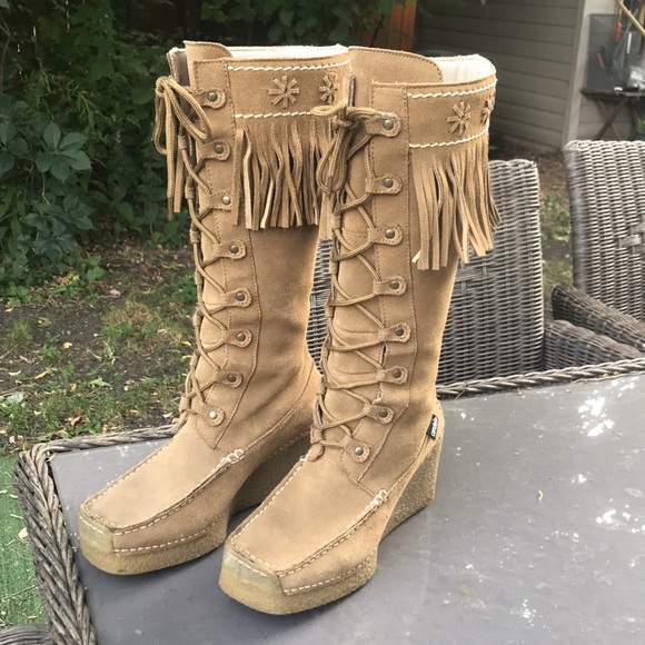 Candie’s Vintage Sz 7.5 Moccasin Wedge Fringe Suede Tall Western Cowboy Boots - Picture 3 of 15